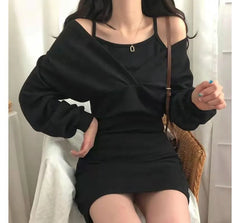 Set: Spaghetti Strap Mini Dress + Long-Sleeve V-Neck Cropped Top