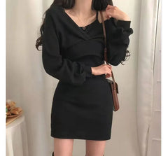 Set: Spaghetti Strap Mini Dress + Long-Sleeve V-Neck Cropped Top