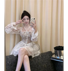 Long-Sleeve Halter Lace Mini A-Line Corset Dress