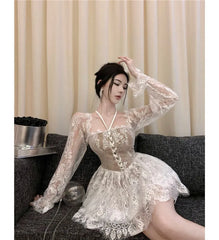Long-Sleeve Halter Lace Mini A-Line Corset Dress
