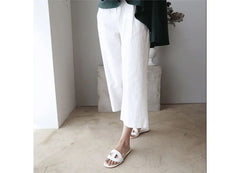 Elastic Waist Plain Linen Crop Wide Leg Pants
