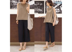 Elastic Waist Plain Linen Crop Wide Leg Pants