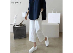 Elastic Waist Plain Linen Cotton Crop Wide Leg Pants