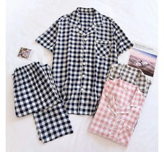 Couple Matching Pajama Set: Short-Sleeve Plaid Top + Pants (Various Designs)