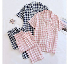 Couple Matching Pajama Set: Short-Sleeve Plaid Top + Pants (Various Designs)
