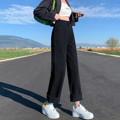High Waist Washed Straight-Fit Wide-Leg Jeans