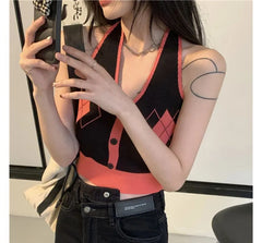Halter Neck Button Accent Two-Tone Argyle Crop Sweater Vest