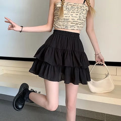 Elastic Waist Plain Mini A-Line Tiered Skirt