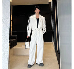 Set: Lapel Collar Striped Button Blazer + Mid Rise Wide Leg Pants