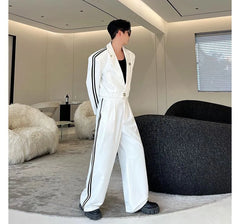 Set: Lapel Collar Striped Button Blazer + Mid Rise Wide Leg Pants