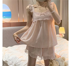 Pajama Set: Ruffle Trim Camisole Top + Shorts