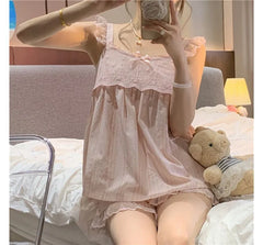 Pajama Set: Ruffle Trim Camisole Top + Shorts