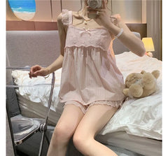 Pajama Set: Ruffle Trim Camisole Top + Shorts