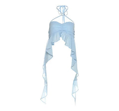 Halter Neck Plain Ruffled Asymmetrical Hem Crop Camisole Top