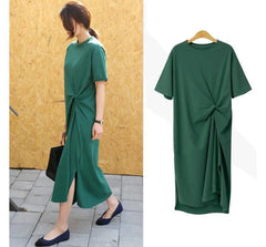 Short-Sleeve Crew Neck Plain Twist Midi T-Shirt Dress