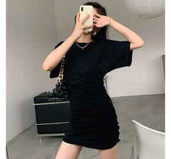 Short-Sleeve Crew-Neck Sheath Plain Mini Dress