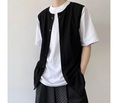 Sleeveless Crew Neck Plain Button Top