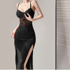 Spaghetti Strap V-Neck Lace Slit Midi Sheath Dress