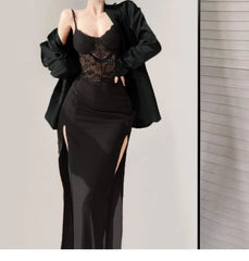 Spaghetti Strap V-Neck Lace Slit Midi Sheath Dress