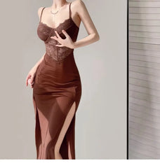 Spaghetti Strap V-Neck Lace Slit Midi Sheath Dress