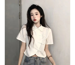 Short-Sleeve Collared Plain Blouse