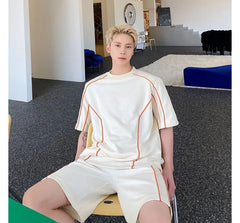 Set: Short-Sleeve Round Neck Two Tone T-Shirt + Drawstring Waist Sweat Shorts
