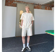 Set: Short-Sleeve Round Neck Two Tone T-Shirt + Drawstring Waist Sweat Shorts