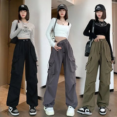 High Waist Plain Drawstring Cargo Baggy Pants