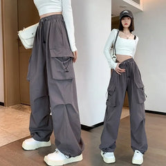 High Waist Plain Drawstring Cargo Baggy Pants