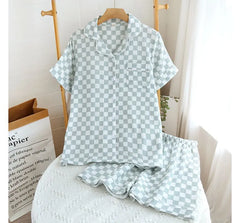 Couple Matching Pajama Set: Short-Sleeve Checkerboard Top + Shorts (Various Designs)
