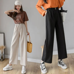 Elastic Waist Plain Cropped Wide Leg Pants