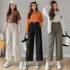 Elastic Waist Plain Cropped Wide Leg Pants
