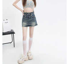 High Waist Washed Tassel Trim Denim Skort