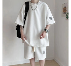 Set: Elbow-Sleeve Crew Neck Waffle T-Shirt + Sweatshorts