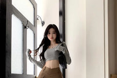 Long-Sleeve V-Neck Plain Crop Tee / Mid Rise Plain Pleated Mini A-Line Skirt