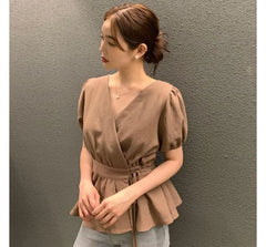 Puff-Sleeve V-Neck Plain Peplum Blouse
