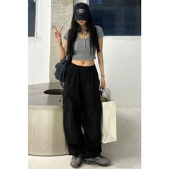 Mid Waist Plain Drawstring Cargo Baggy Pants