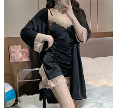 Spaghetti Strap Ruffle Drawstring Nightdress / Tie Front Robe