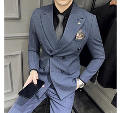 Set: Peak Lapel Striped Double-Breasted Blazer + Mid Rise Cropped Tapered Dress Pants