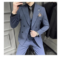 Set: Peak Lapel Striped Double-Breasted Blazer + Mid Rise Cropped Tapered Dress Pants