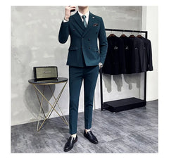 Set: Peak Lapel Plain Double-Breasted Blazer + Mid Rise Tapered Dress Pants