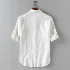 Elbow-Sleeve Stand Collar Linen Plain Shirt