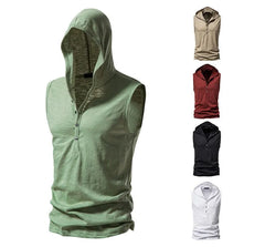 Sleeveless Hooded Henley Plain Top