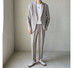 Set: Plain Single-Button Blazer + Tapered Dress Pants