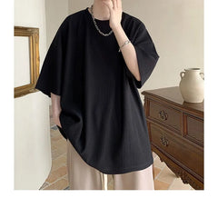 Elbow-Sleeve Crew Neck Plain Oversized T-Shirt