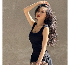 Sleeveless Square Neck Plain Maxi A-Line Dress