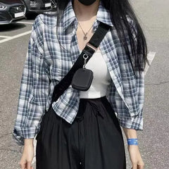 Long-Sleeve Button-Up Plaid Crop Blouse