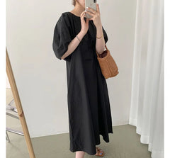 Short-Sleeve Round Neck Plain Midi A-Line Dress