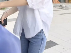 Elbow-Sleeve Collared Plain Ruched Shirt