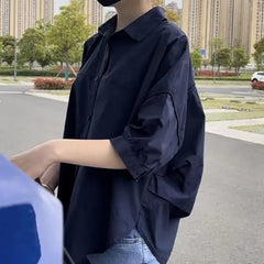 Elbow-Sleeve Collared Plain Ruched Shirt